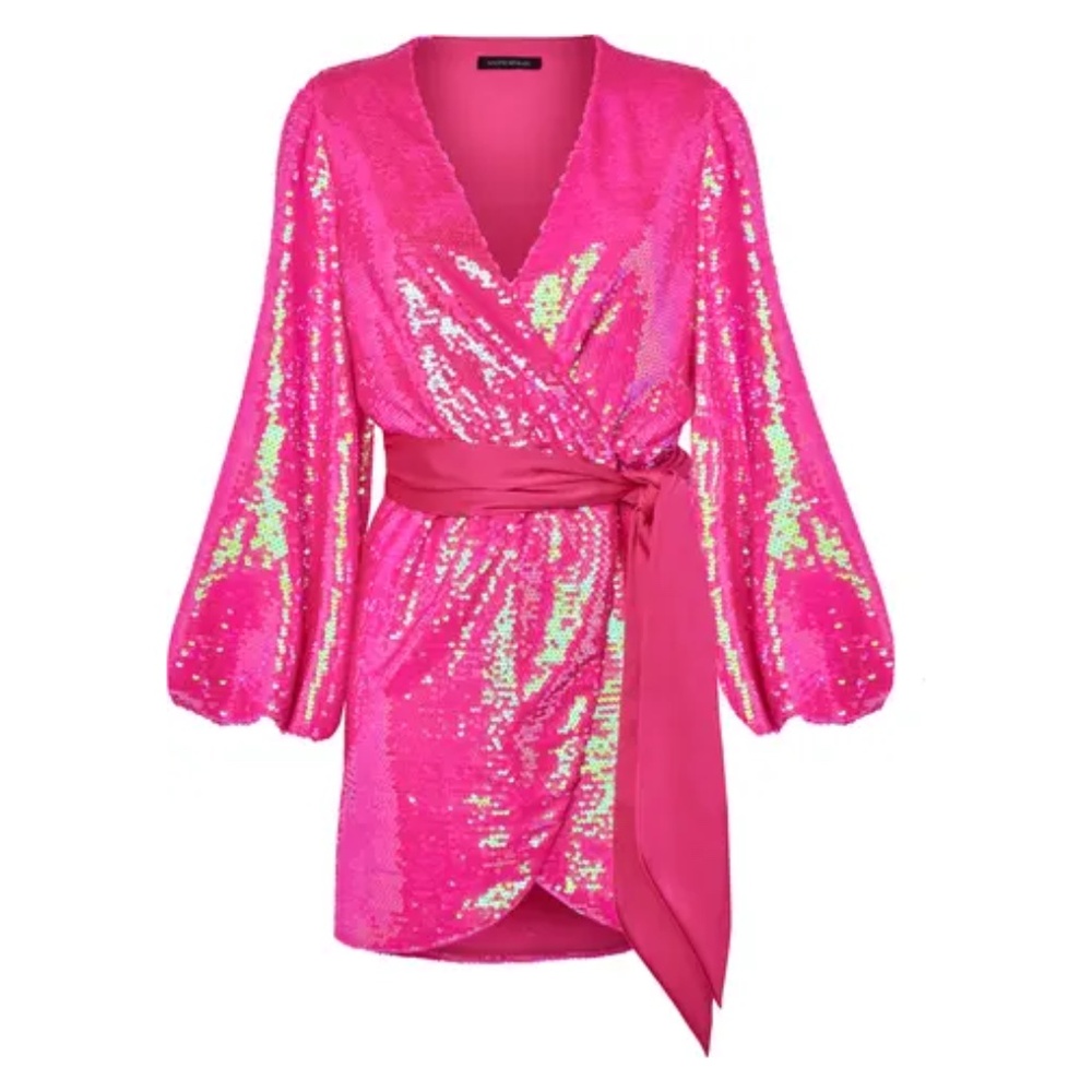 NADINE MERABI Izzie Sequin Long Sleeve Wrap Dress In Bright Pink